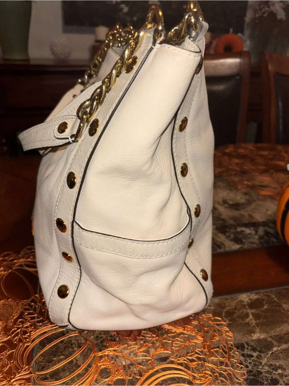 Michael Kors White Leather Shoulder Tote with Gold Chain Straps